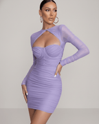 Orion Mini Dress by Lauven in soft lavender with sheer long sleeves and sweetheart neckline.