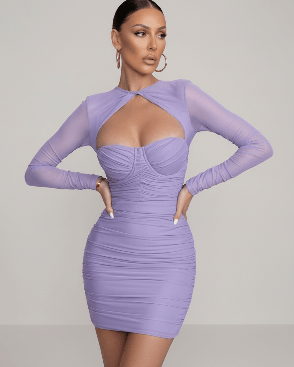 Orion Mini Dress by Lauven in soft lavender with sheer long sleeves and sleek sheath silhouette.