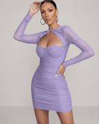 Orion Mini Dress by Lauven in soft lavender with sheer long sleeves and sweetheart neckline.