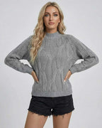 Orion Sweater by Lauven in grey cable-knit design, perfect for fall and winter styling with ribbed detailing.