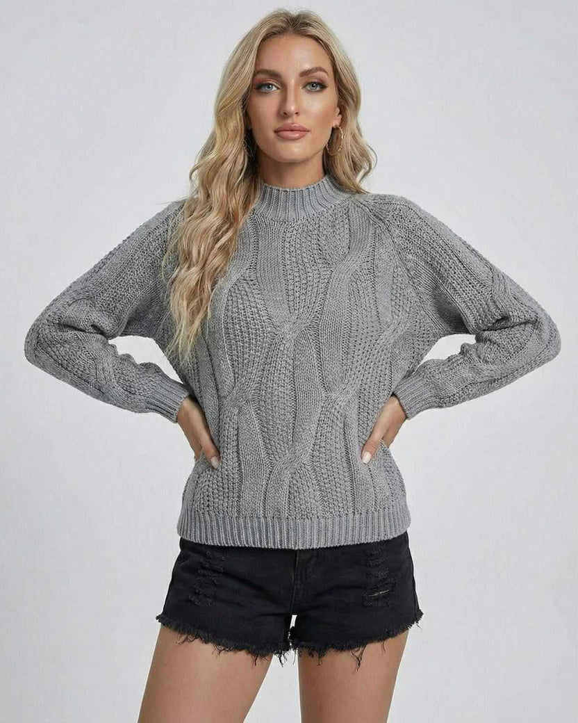 Orion Sweater by Lauven in grey cable-knit design, perfect for fall and winter styling with ribbed detailing.