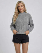 Orion Sweater by Lauven, a women's cable-knit, ribbed sweater in grey, perfect for fall and winter styling.