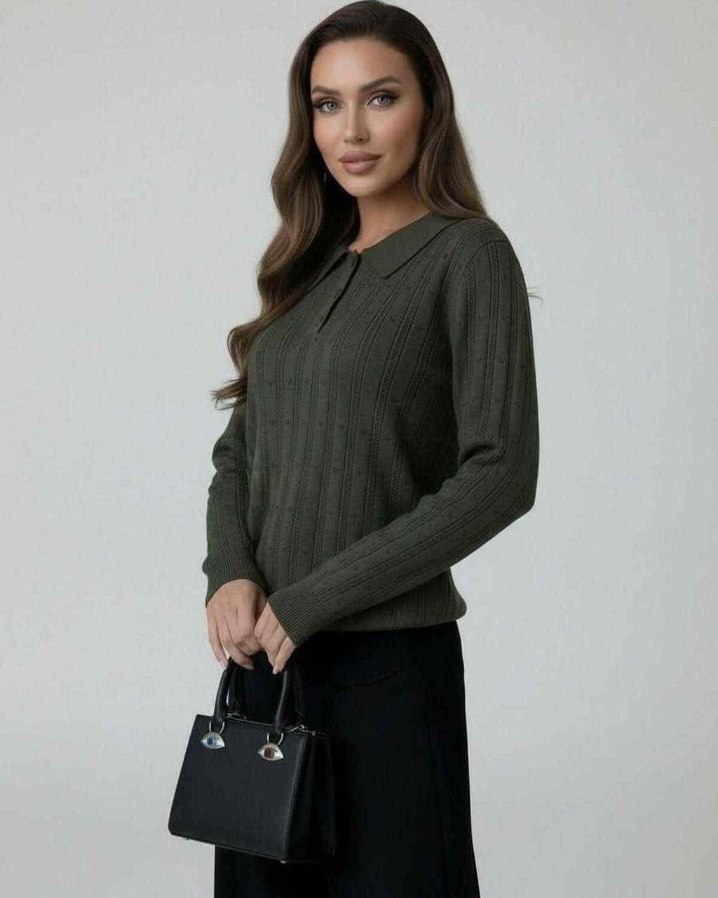 Orion Sweater by Lauven - Women's olive green knit sweater with long sleeves and collar.