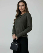 Orion Sweater by Lauven - Women's olive green knit sweater with long sleeves and collar.