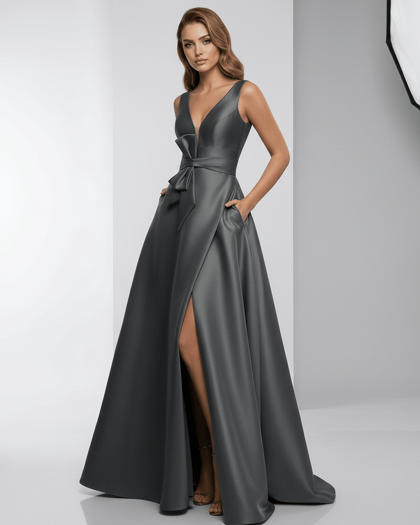 Orlena Maxi Dress in charcoal satin, A-line silhouette, V-neck, flowing skirt, Lauven, elegant evening wear.