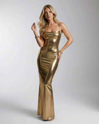 Orlena Maxi Dress - Gold Metallic Maxi Dress featuring a sleek silhouette and open back by Lauven.