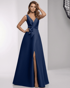 Orlena Maxi Dress in navy satin with wrap slit and bow detail; elegant and sophisticated by Lauven.