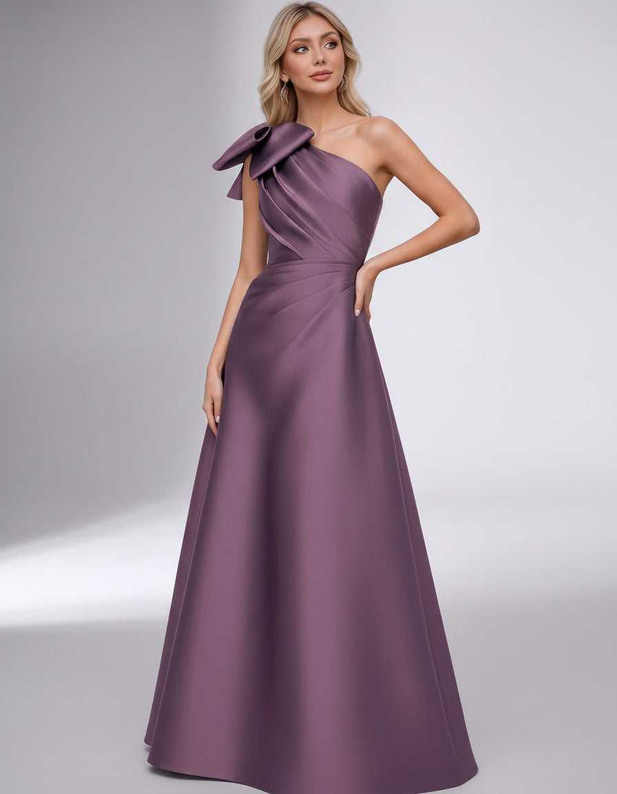 Celestia Maxi Dress by Lauven — satin one shoulder A-line maxi dress with bow