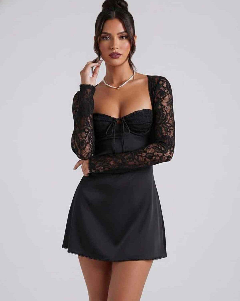 Noiré Mini Dress by Lauven — stretch long sleeve square neck fitted mini dress with lace sleeves