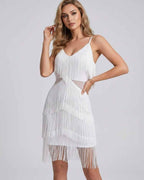 Lunara Mini Dress by Lauven — fringe sleeveless V-neck fitted mini dress with straps