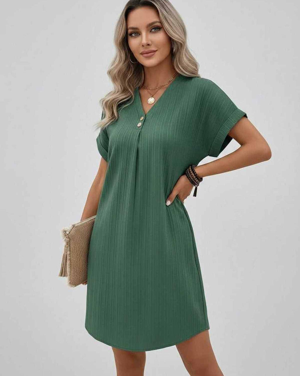 Lunelle Mini Dress by Lauven — textured short sleeve V-neck relaxed mini dress