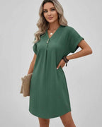 Lunelle Mini Dress by Lauven — textured short sleeve V-neck relaxed mini dress