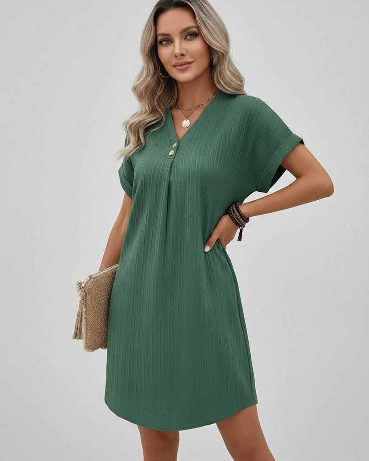 Lunelle Mini Dress by Lauven — textured short sleeve V-neck relaxed mini dress
