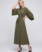 Celest Midi Dress by Lauven — breathable fabric lantern sleeve crew neck belted wrap midi dress