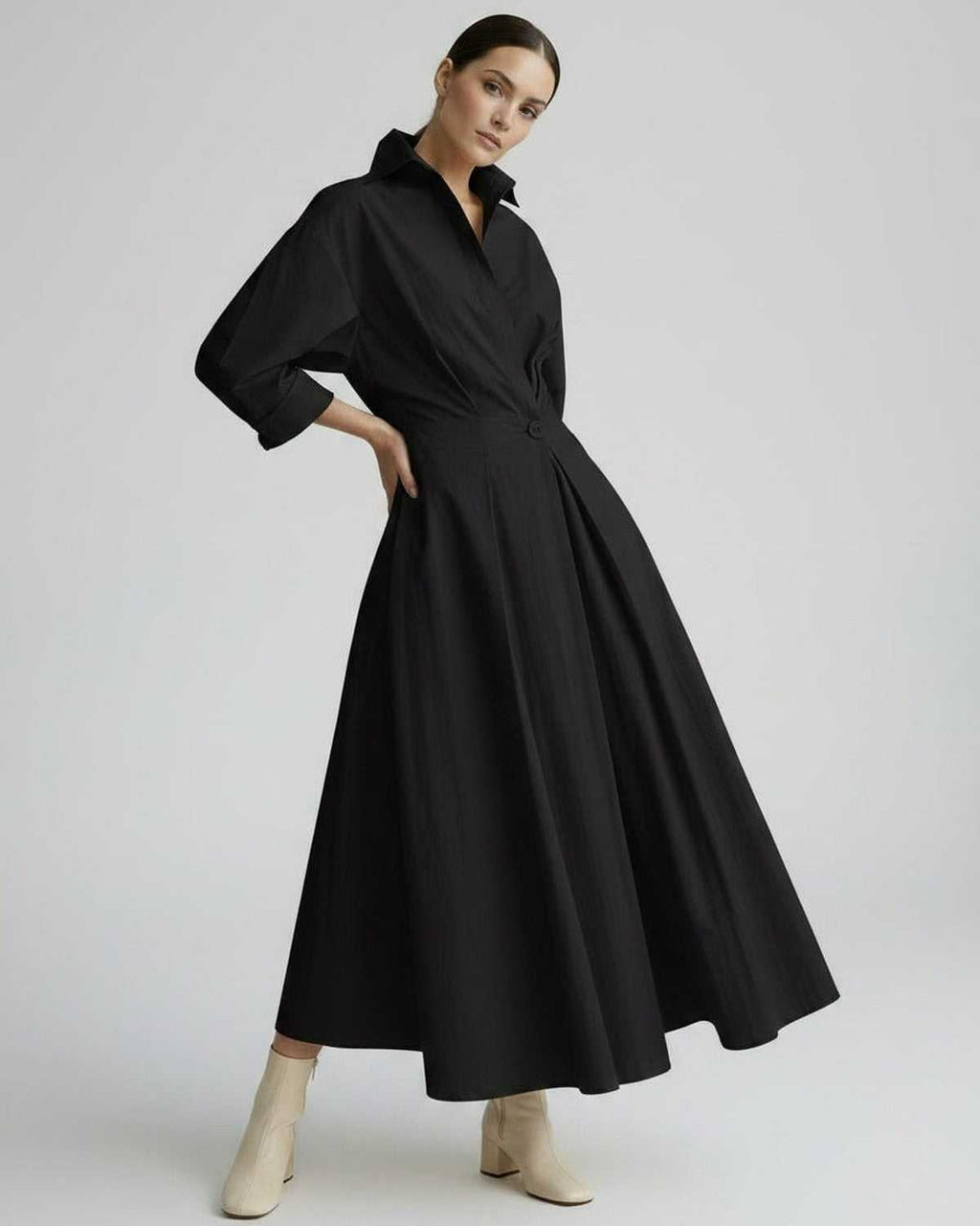 Aurelia Midi Dress by Lauven — breathable fabric long sleeve stand collar belted A-line midi dress