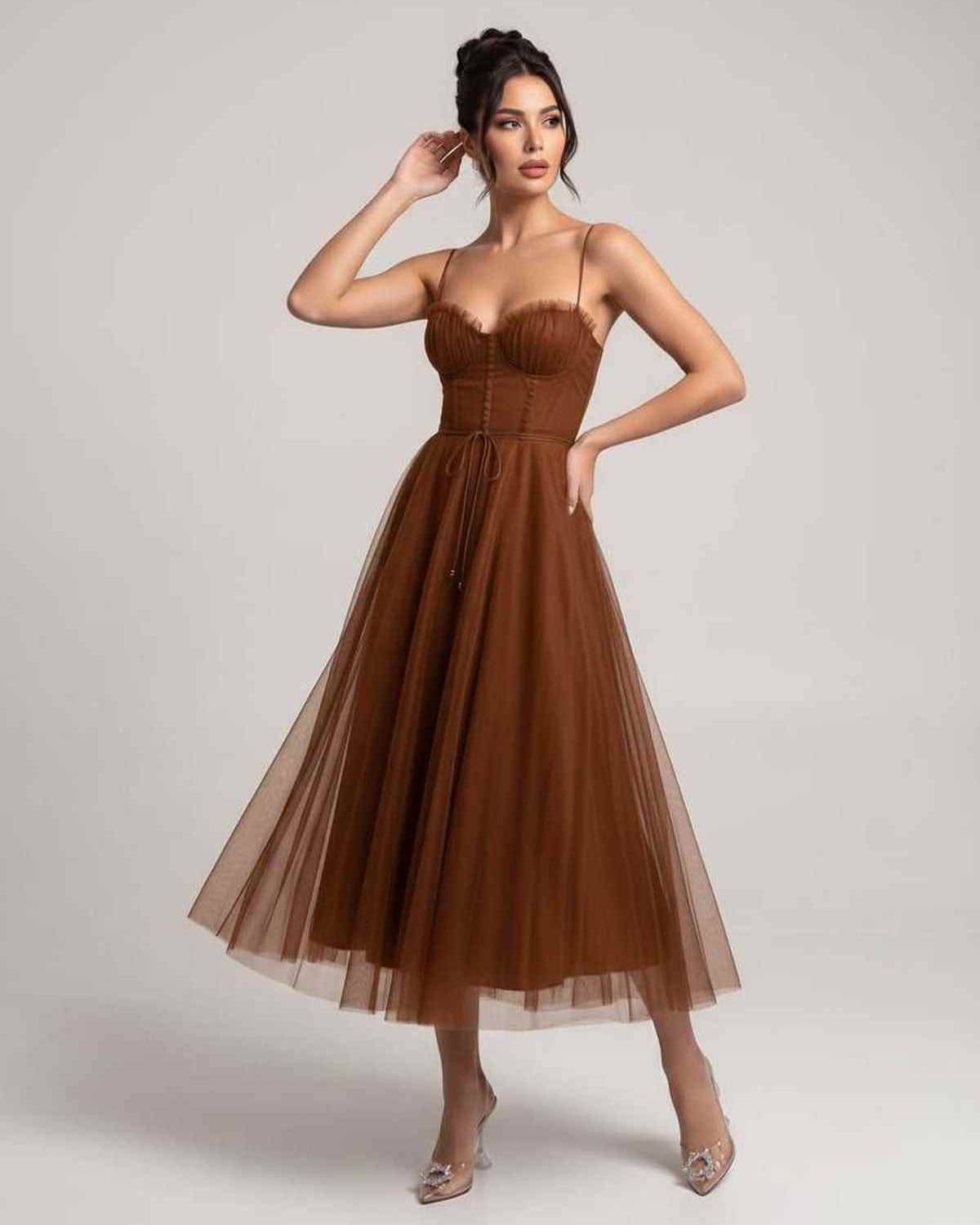 Elara Midi Dress by Lauven — tulle sleeveless sweetheart neck structured bodice midi dress