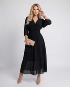 Veloura Midi Dress by Lauven — lightweight chiffon three quarter sleeve v neck A-line midi dress