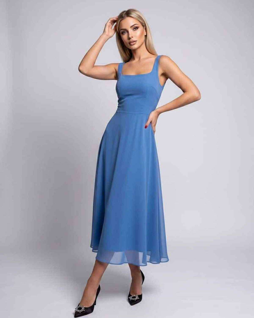 Lunara Midi Dress by Lauven — lightweight chiffon sleeveless square neck A-line midi dress