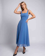 Lunara Midi Dress by Lauven — lightweight chiffon sleeveless square neck A-line midi dress
