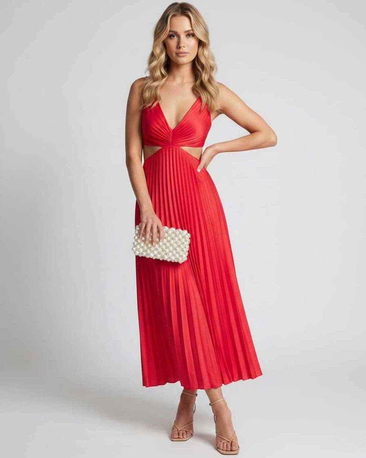 Lunara Midi Dress by Lauven — satin sleeveless V-neck flowing pleated midi dress