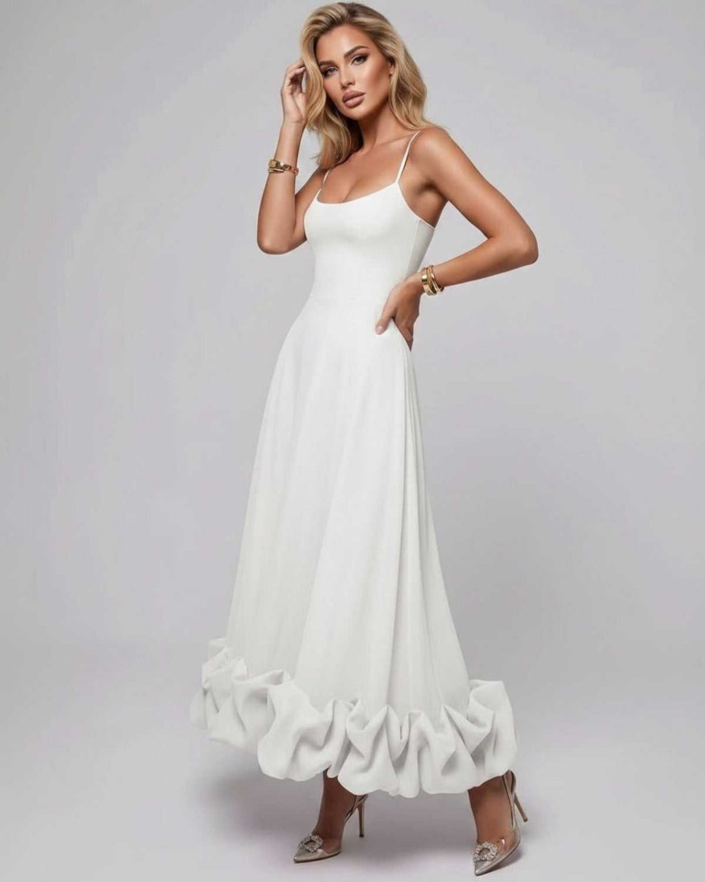 Aurelia Maxi Dress by Lauven — lightweight sleeveless scoop neck fit and flare maxi dress