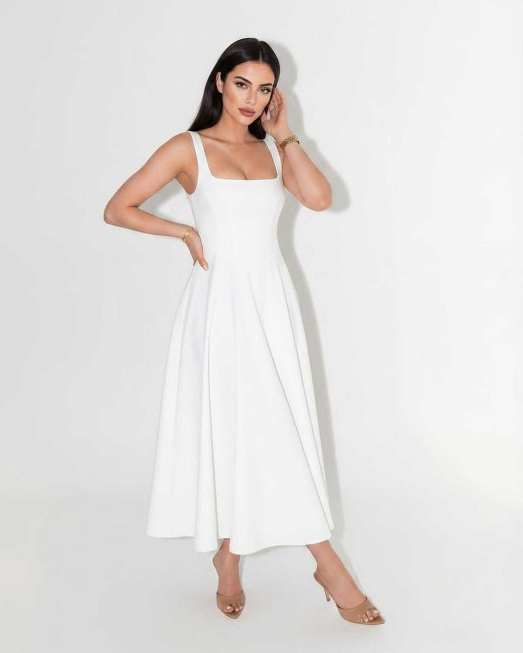 Elara Midi Dress by Lauven — structured sleeveless square neck fit and flare midi dress