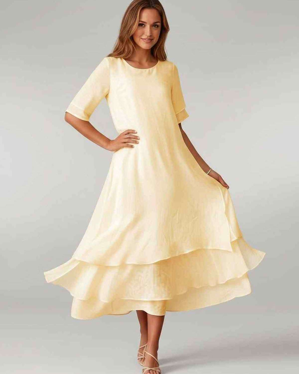 Aurelia Midi Dress by Lauven — lightweight short sleeve round neck layered midi dress