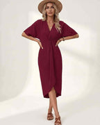 Elara Midi Dress by Lauven — premium short sleeve V-neck wrap style midi dress
