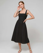 Aveline Midi Dress by Lauven — lightweight sleeveless square neck fit and flare midi dress