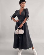 Eloria Midi Dress by Lauven — lightweight mid sleeve V-neck button front fit and flare midi dress