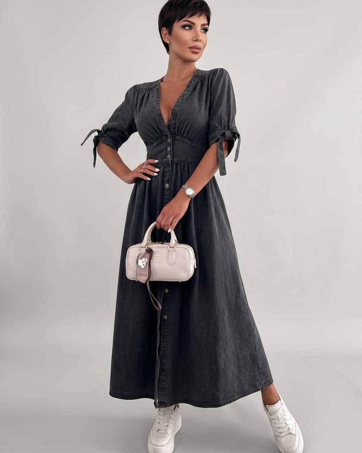 Eloria Midi Dress by Lauven — lightweight mid sleeve V-neck button front fit and flare midi dress
