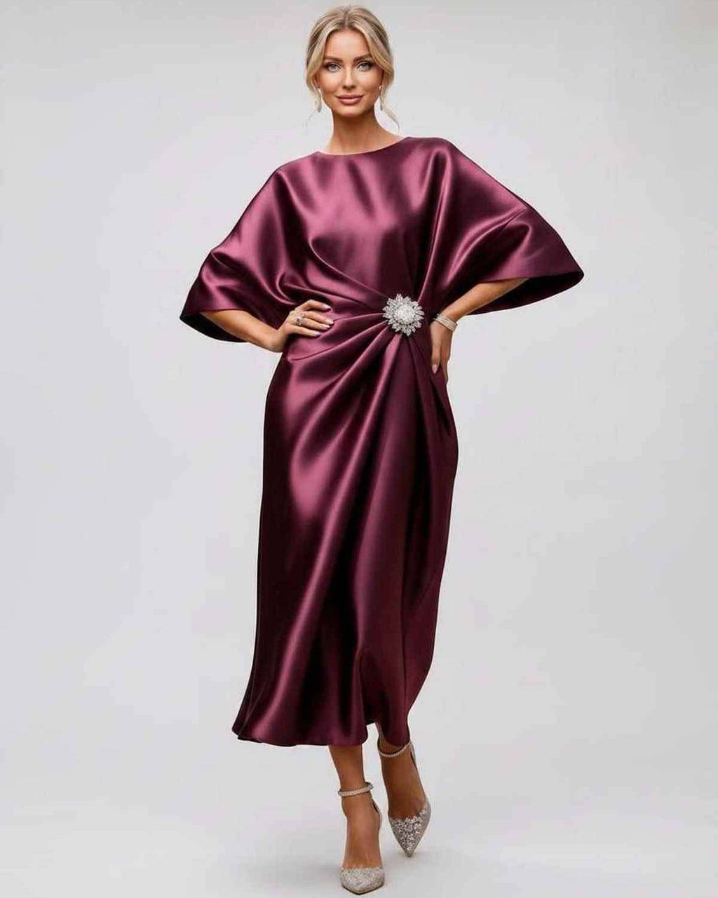 Seralyn Midi Dress by Lauven — satin kimono sleeve boat neck draped midi dress