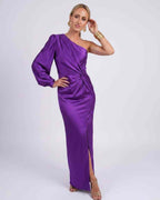 Veloura Maxi Dress by Lauven — satin one-shoulder long sleeve draped maxi dress