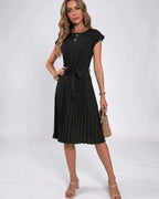 Lunessa Midi Dress by Lauven — pleated chiffon cap sleeve round neck midi dress