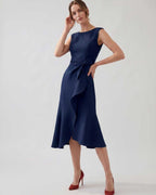 Serelune Midi Dress by Lauven — sleeveless satin midi dress with ruffle detail and fit flare silhouette