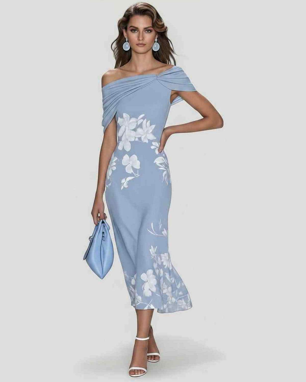 Veloura Midi Dress by Lauven — floral off shoulder satin midi dress with draped sleeves