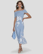 Veloura Midi Dress by Lauven — floral off shoulder satin midi dress with draped sleeves
