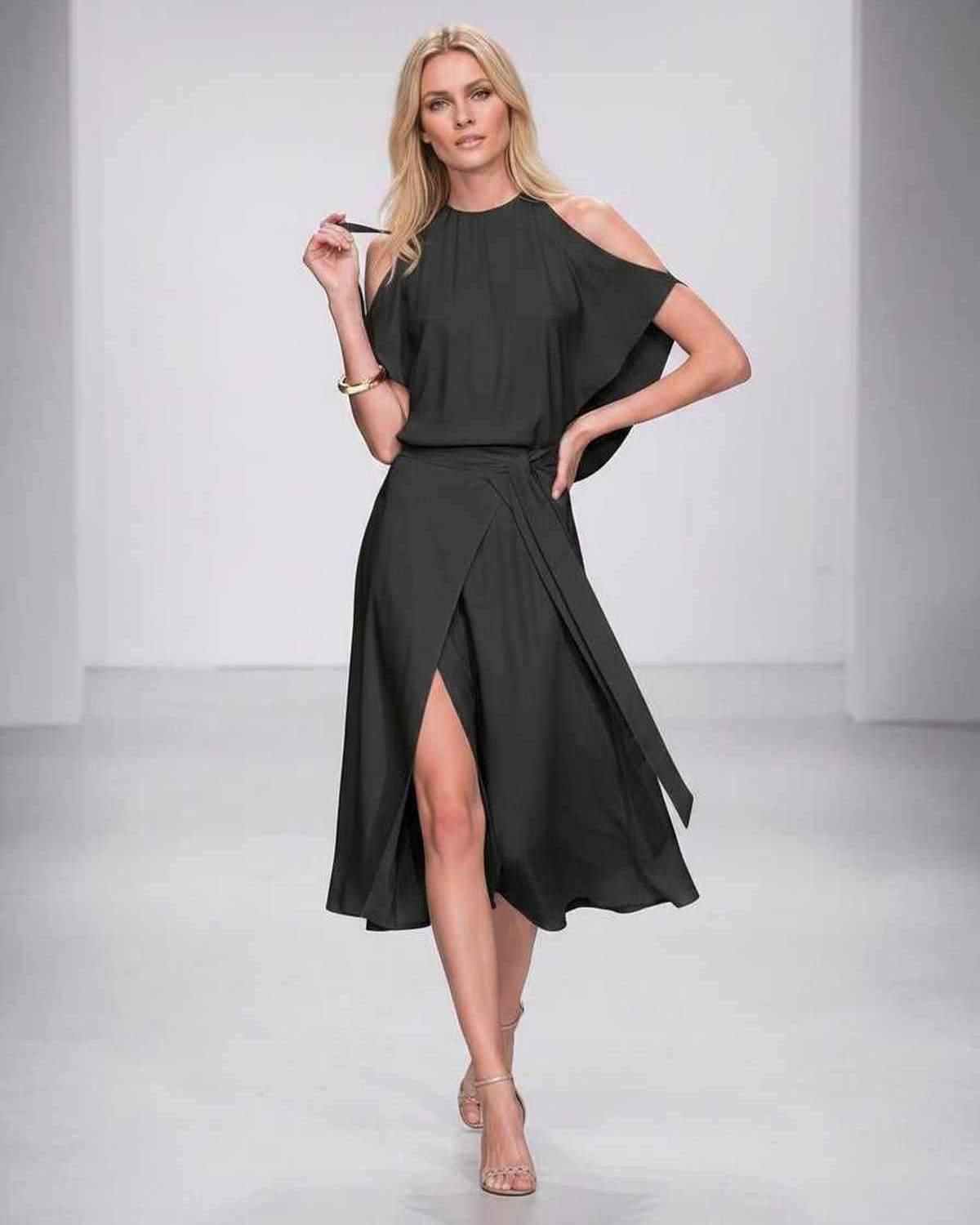 Seralyn Midi Dress by Lauven — halter sleeveless wrap midi dress with tie waist and front slit