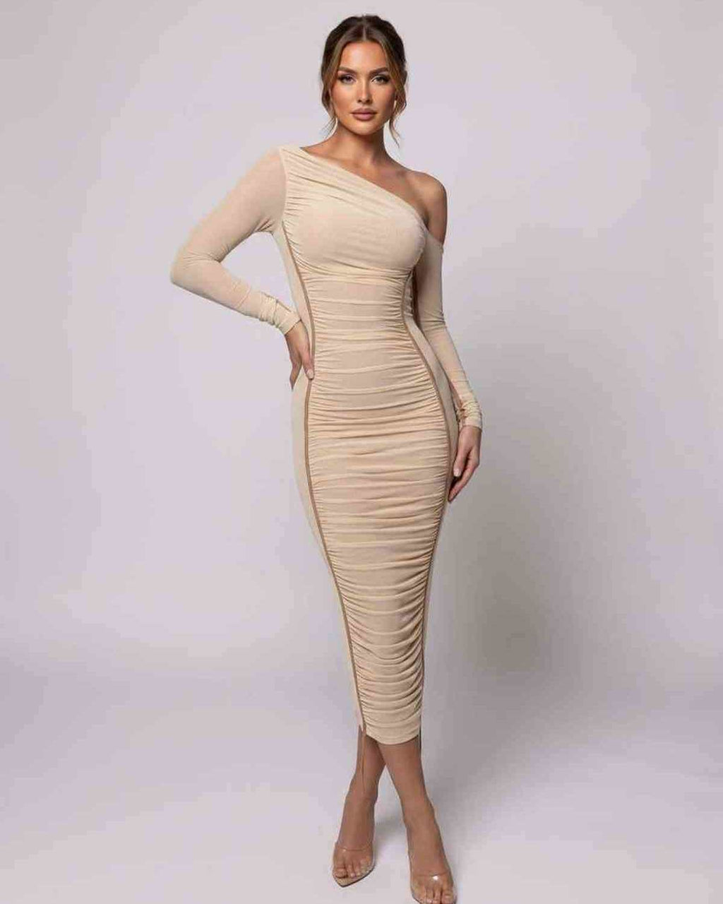 Veloura Midi Dress by Lauven — one shoulder long sleeve ruched bodycon midi dress