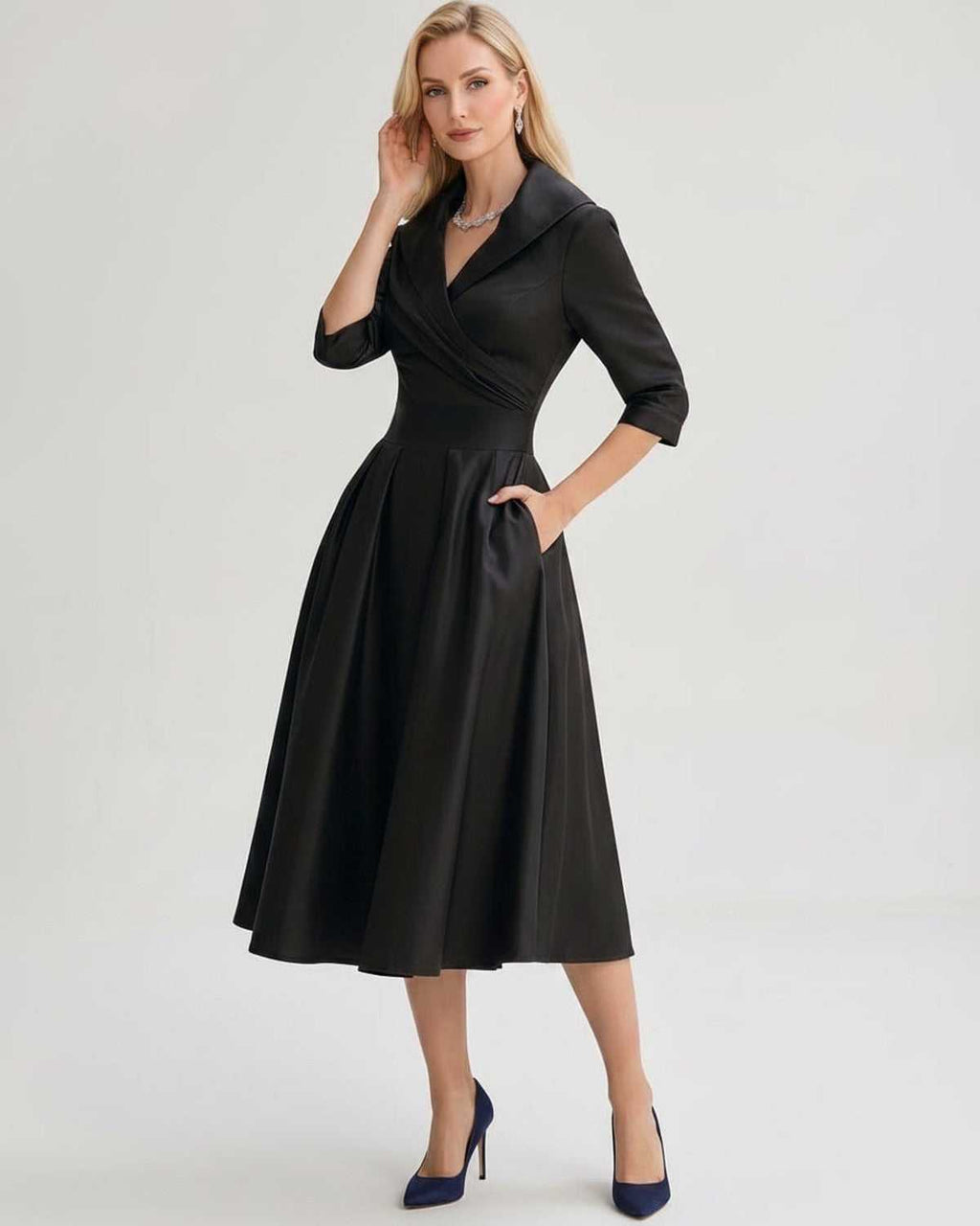 Serelune Midi Dress by Lauven — satin blend 3/4 sleeve V-neck A-line midi dress