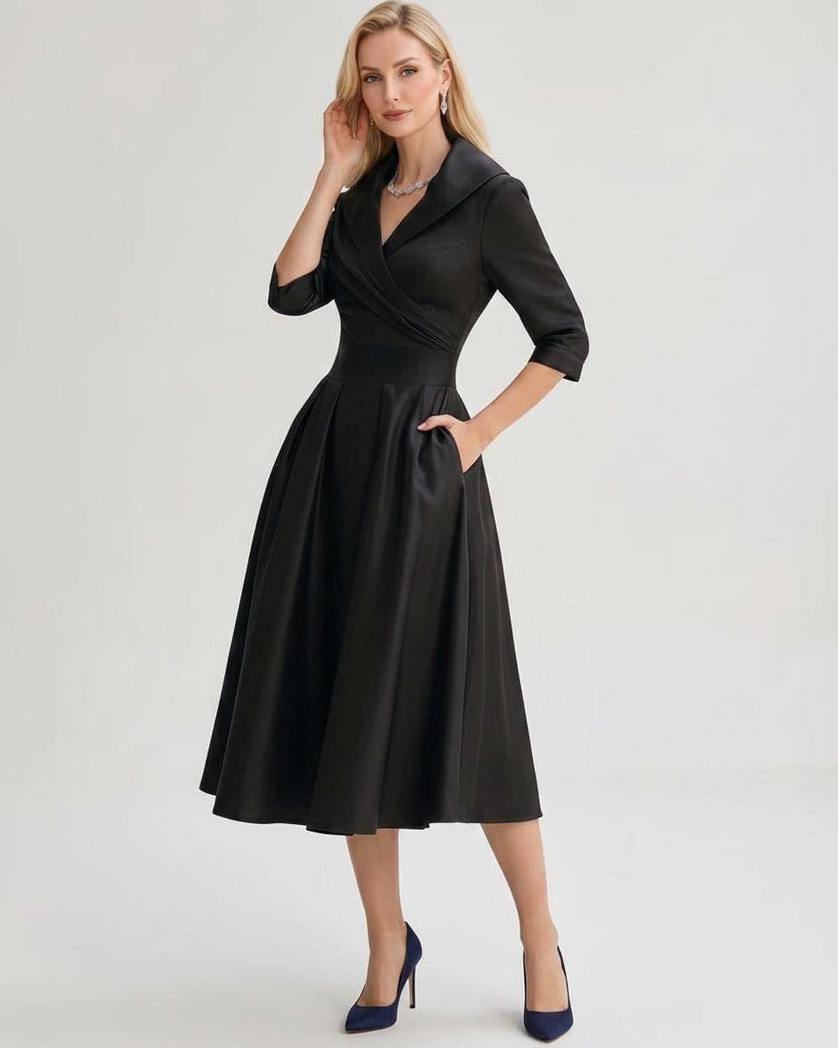Serelune Midi Dress by Lauven — satin blend 3/4 sleeve V-neck A-line midi dress