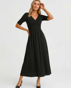 Velmira Midi Dress by Lauven — soft stretch short sleeve V-neck A-line midi dress