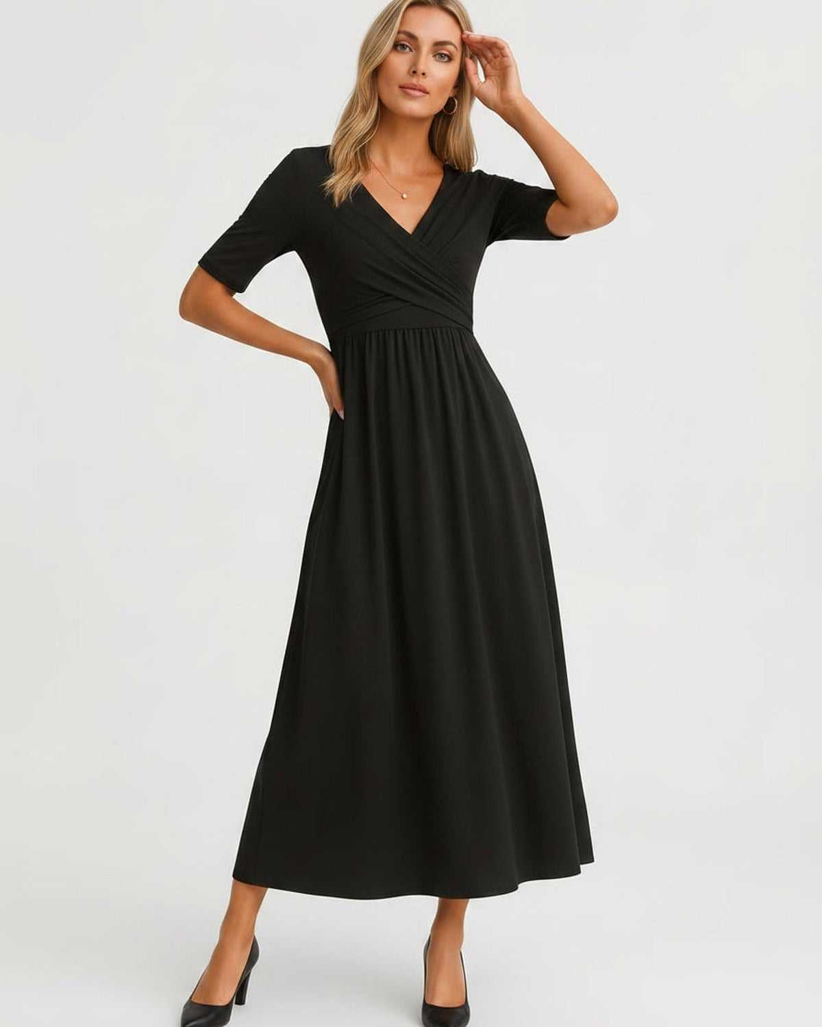 Velmira Midi Dress by Lauven — soft stretch short sleeve V-neck A-line midi dress