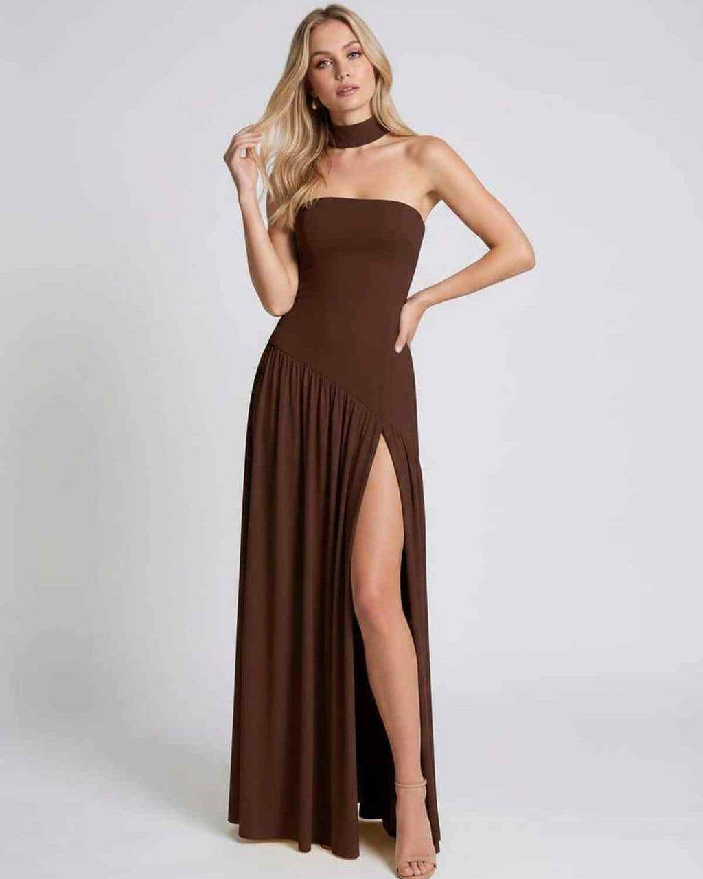 Solenne Maxi Dress by Lauven — stretch knit sleeveless strapless asymmetric maxi dress