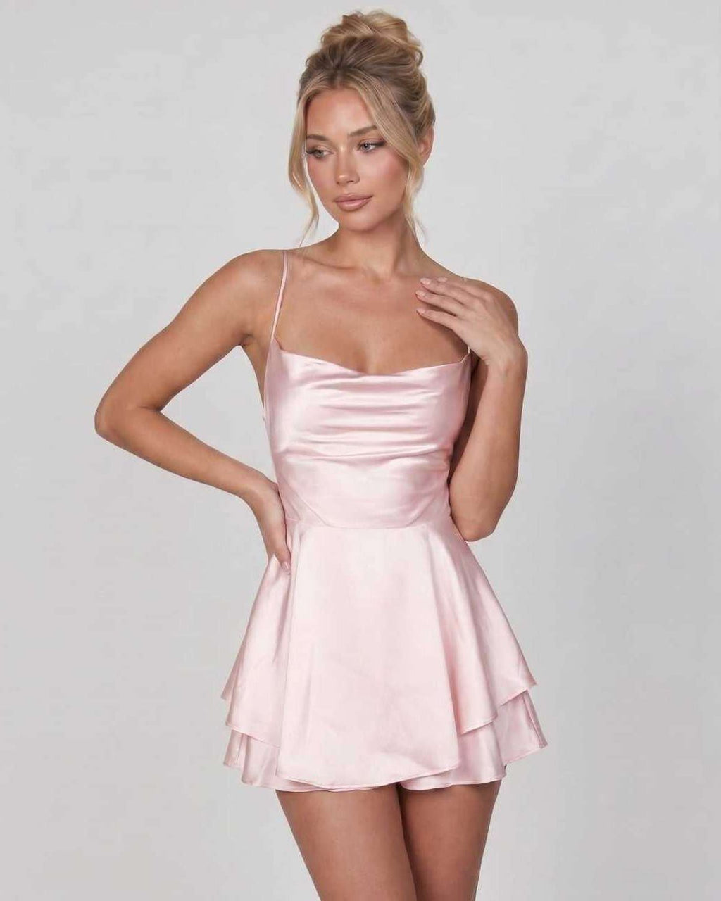 Satin Mini Dress by Lauven — satin sleeveless cowl neck slip mini dress