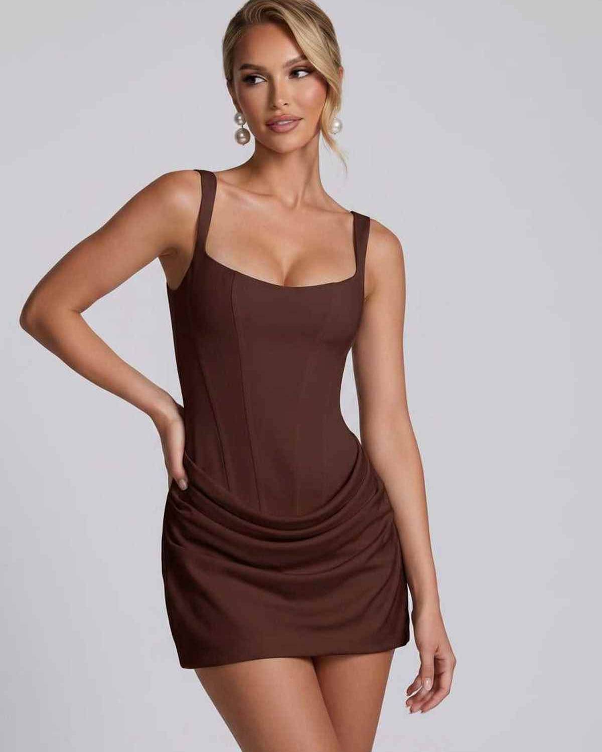 Celeste Mini Dress by Lauven — smooth satin sleeveless U-neck bodycon mini dress