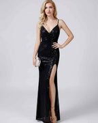 Celeste Maxi Dress by Lauven — sequin sleeveless V-neck mermaid maxi dress with spaghetti straps and front slit