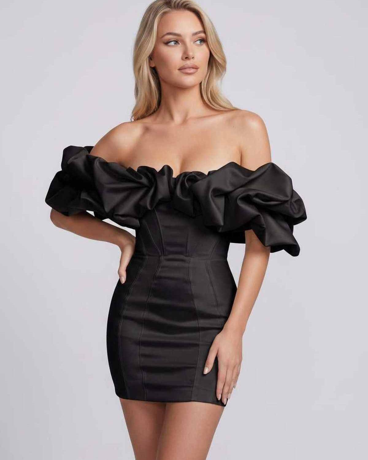 Aurelle Mini Dress by Lauven — polyester spandex flounce sleeve off-the-shoulder bodycon mini dress