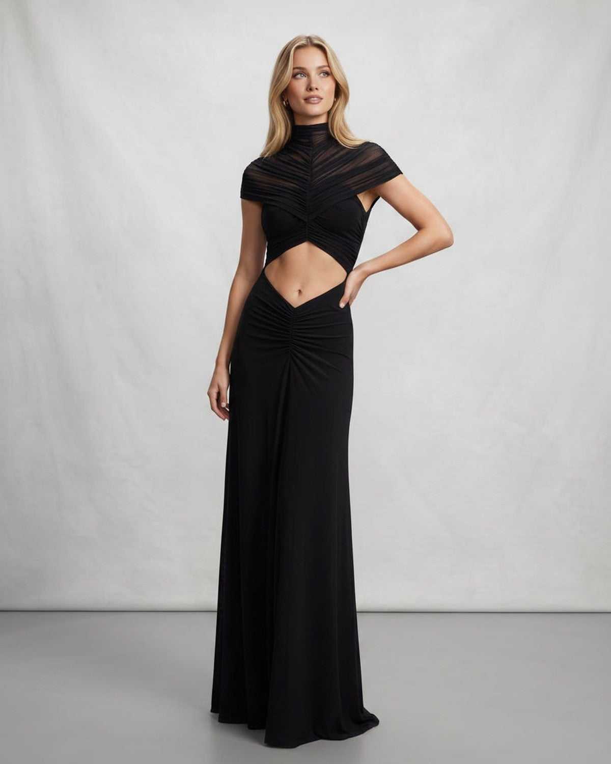 Veloura Maxi Dress by Lauven — polyester short sleeve stand collar flared hem maxi dress