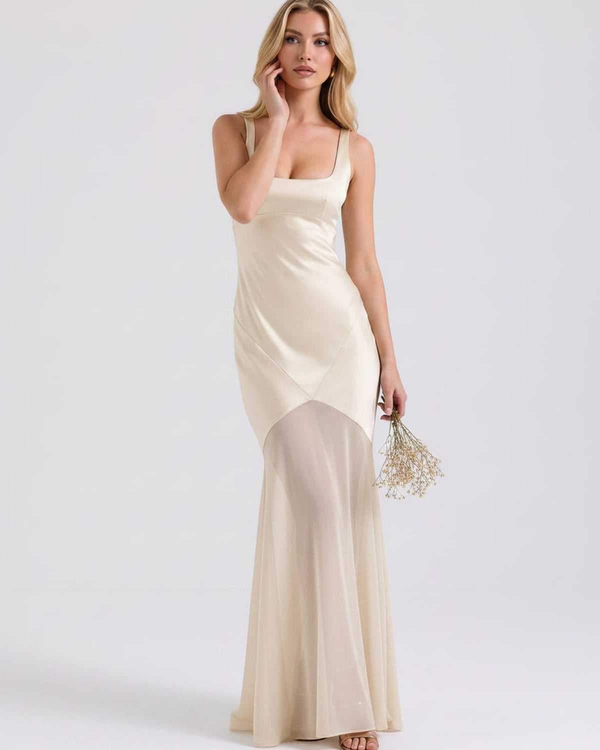 Lunelle Maxi Dress by Lauven — polyester square neck sleeveless slip maxi dress with satin chiffon detail